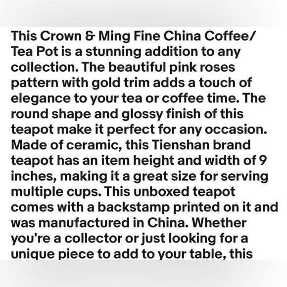 Crown Ming Fine China Jian Shiang Tea Coffee Pot Lid Rose Floral Gold 8 In Tall - Picture 8 of 11